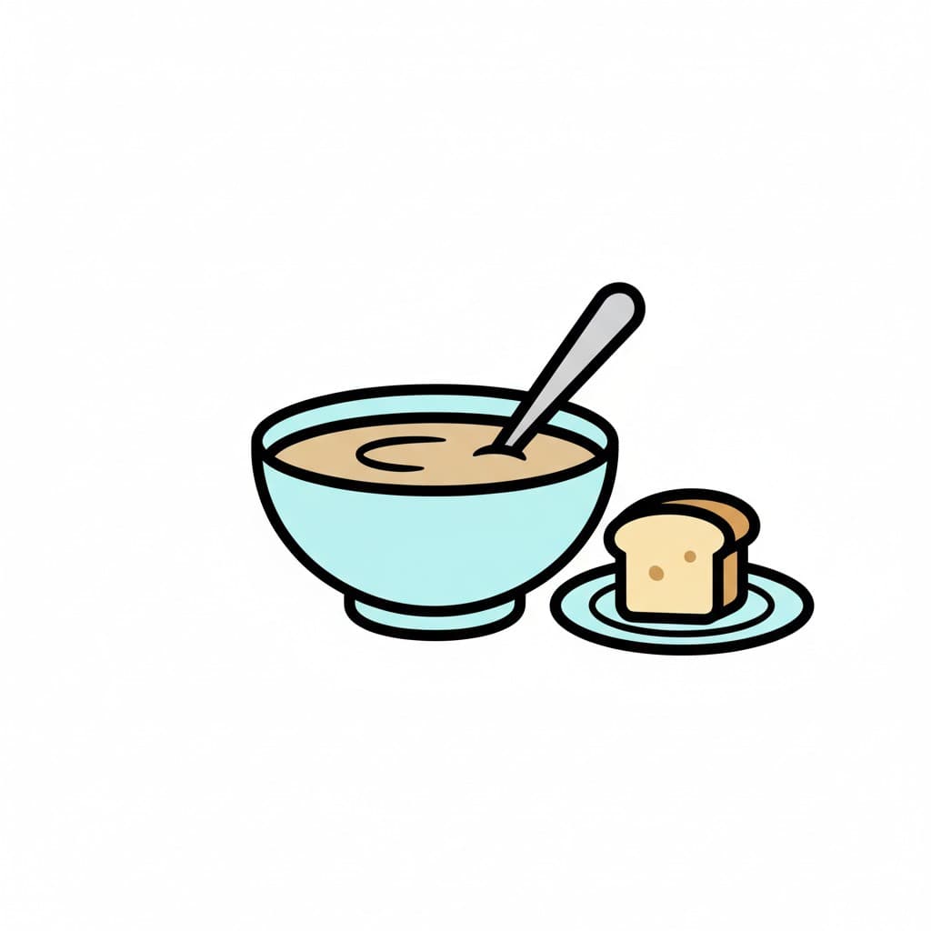 En bolle med suppe med en skje og et stykke brød på en tallerken ved siden av.