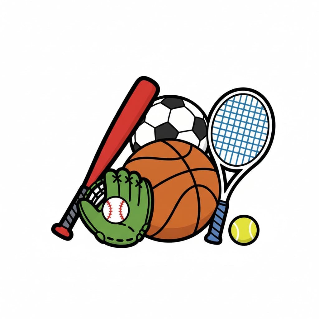En illustrasjon som viser diverse sportsutstyr, inkludert et rødt baseballballtre, en grønn baseballhanske med en hvit baseball, en svart og hvit fotball, en oransje basketball, en blå og hvit tennisracket og en gul tennisball.