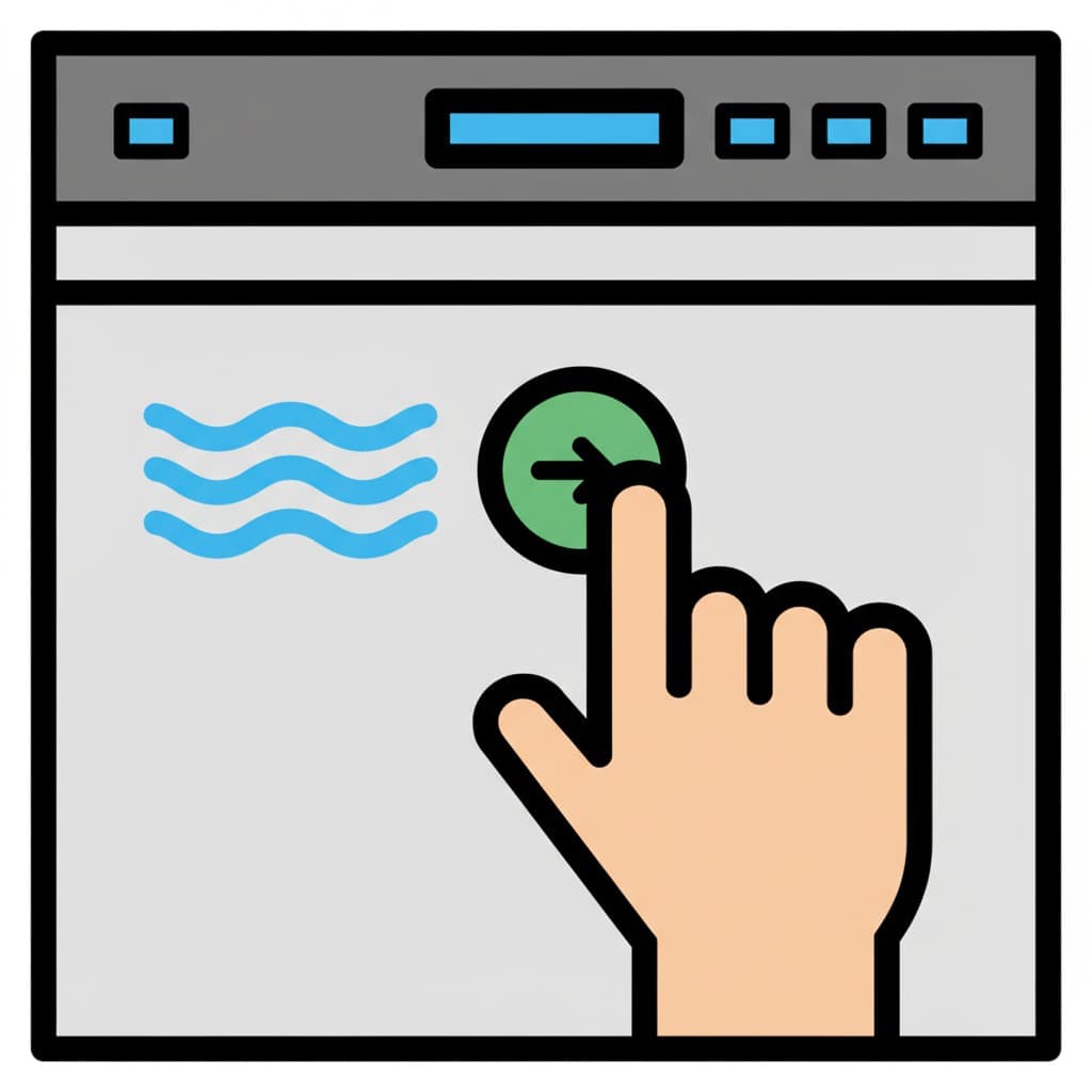 A hand presses the start button on a dishwasher.