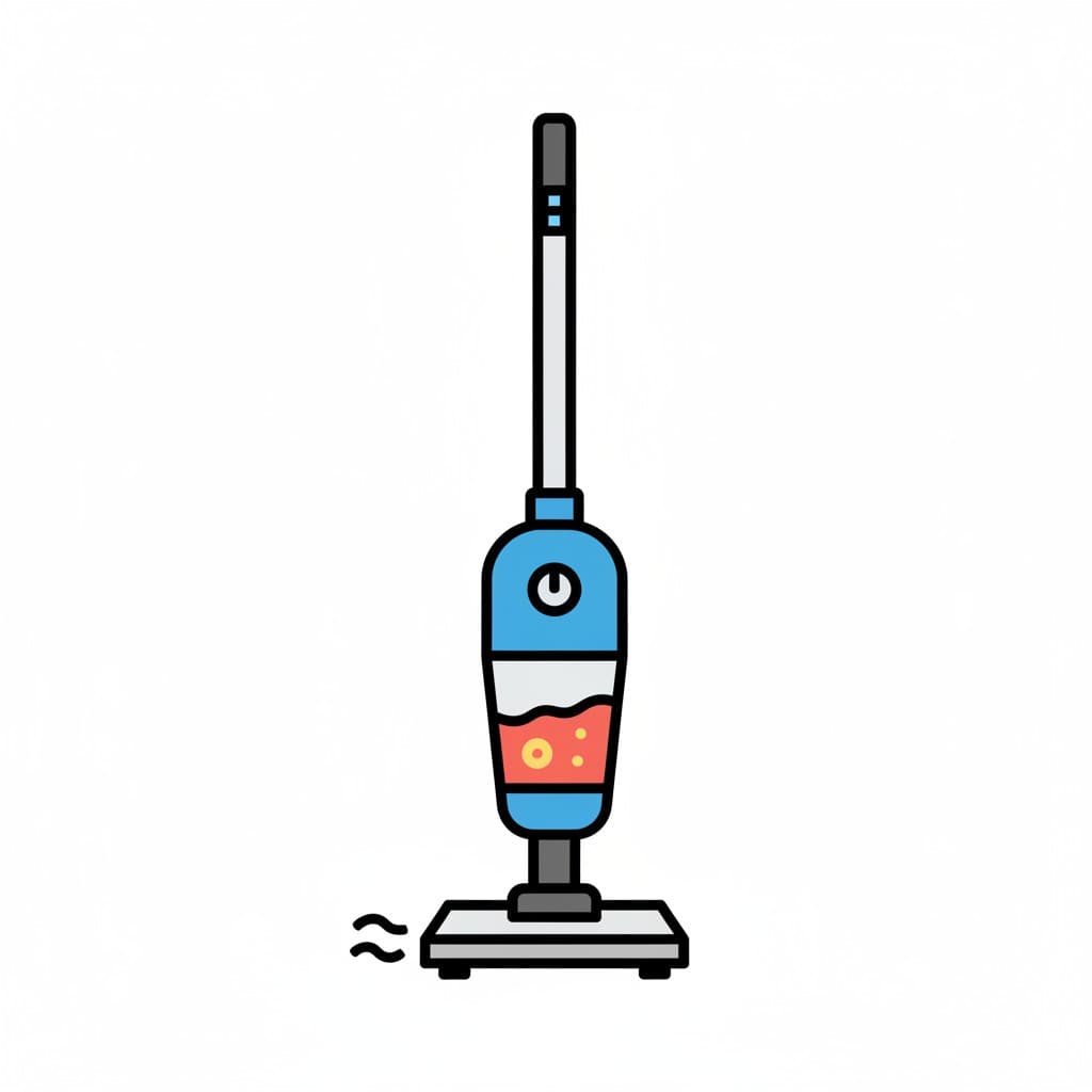 An illustration of a blue stick vacuum cleaner with a translucent canister showing red and orange liquid, possibly for wet cleaning. There are two wavy lines at the bottom indicating cleaning action.