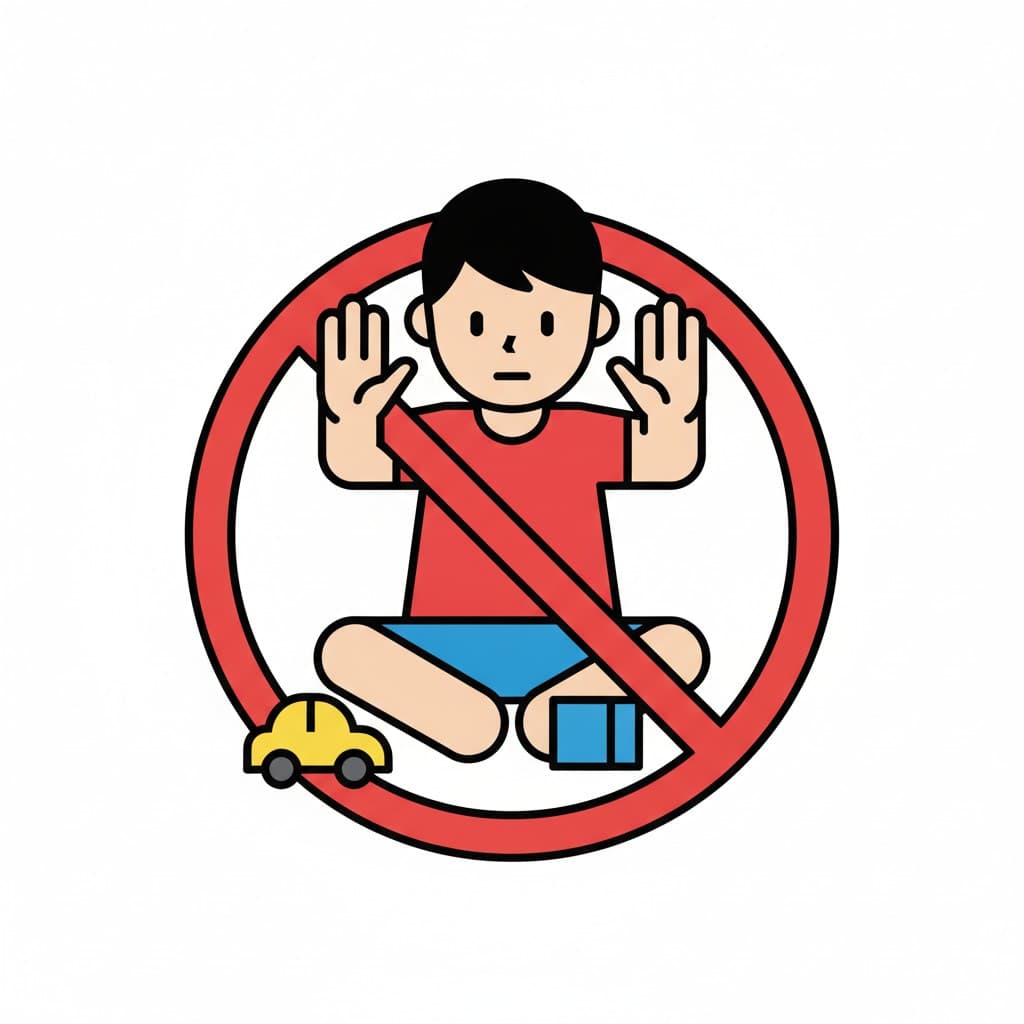 A child sits among toys inside a red prohibition circle.