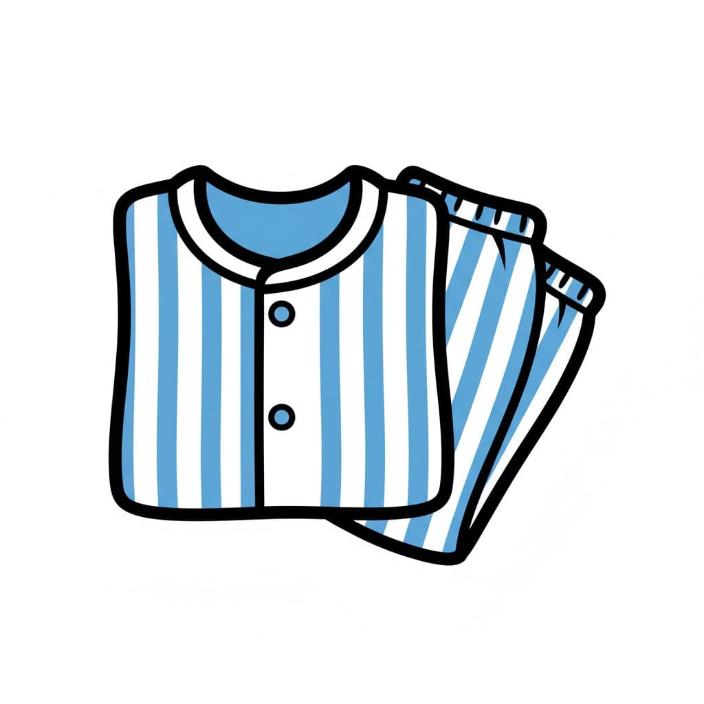 A folded pair of striped pajamas in white and light blue.