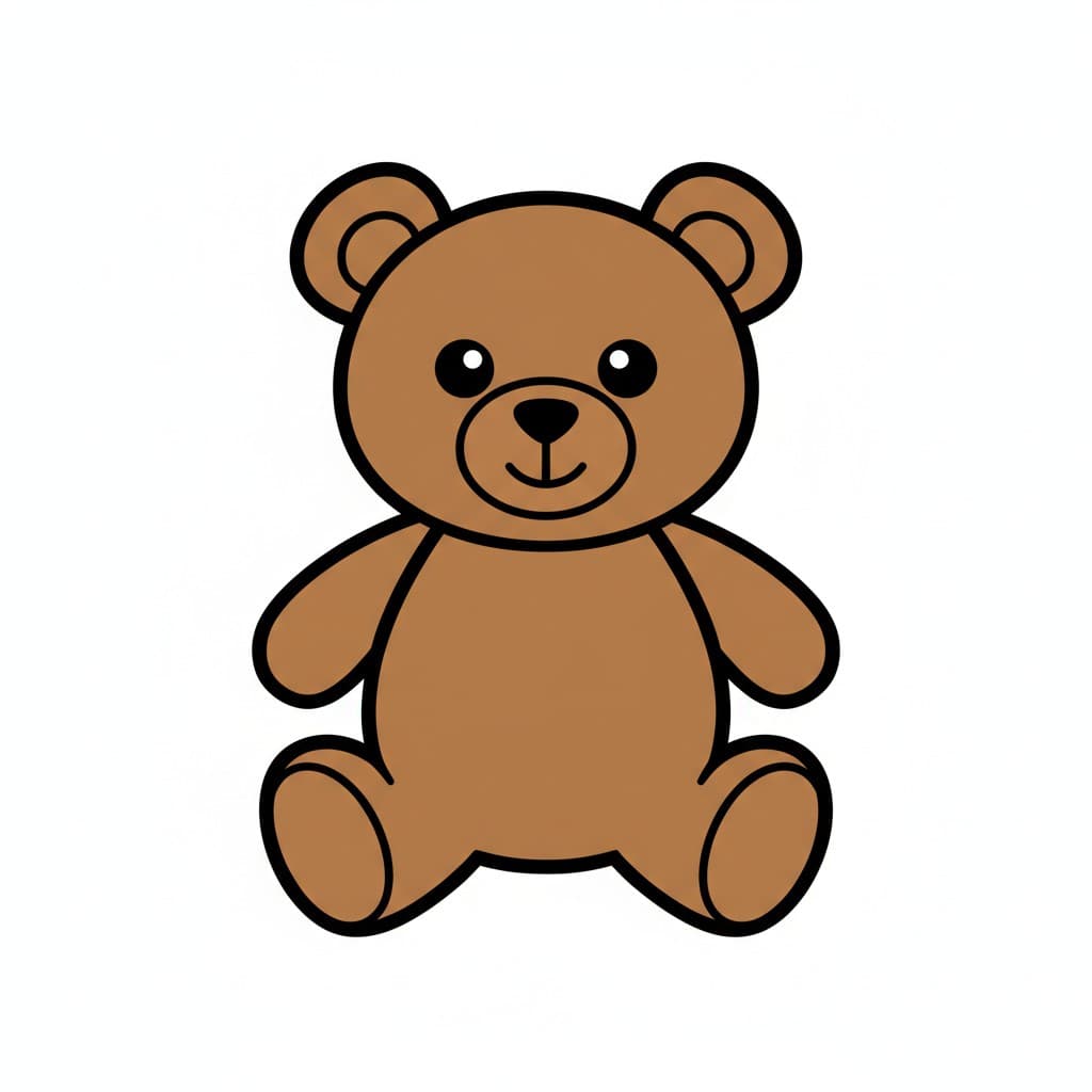 Ruskea sarjakuvakarhu istuu edestäpäin hymyillen.