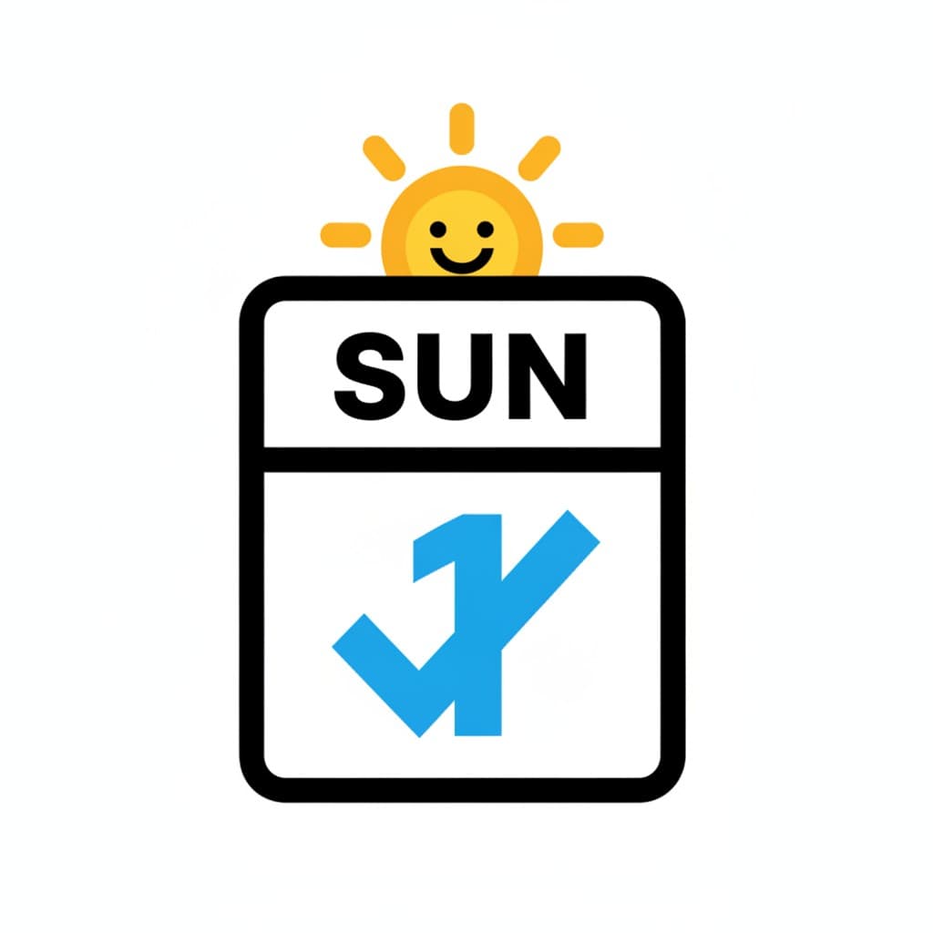 En kalender med forkortelsen SUN og et blåt flueben, mens en smilende sol titter frem ovenover.
