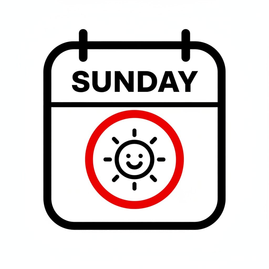 Et kalenderblad med ordet SUNDAY øverst og en smilende sol indrammet af en rød cirkel nedenunder.