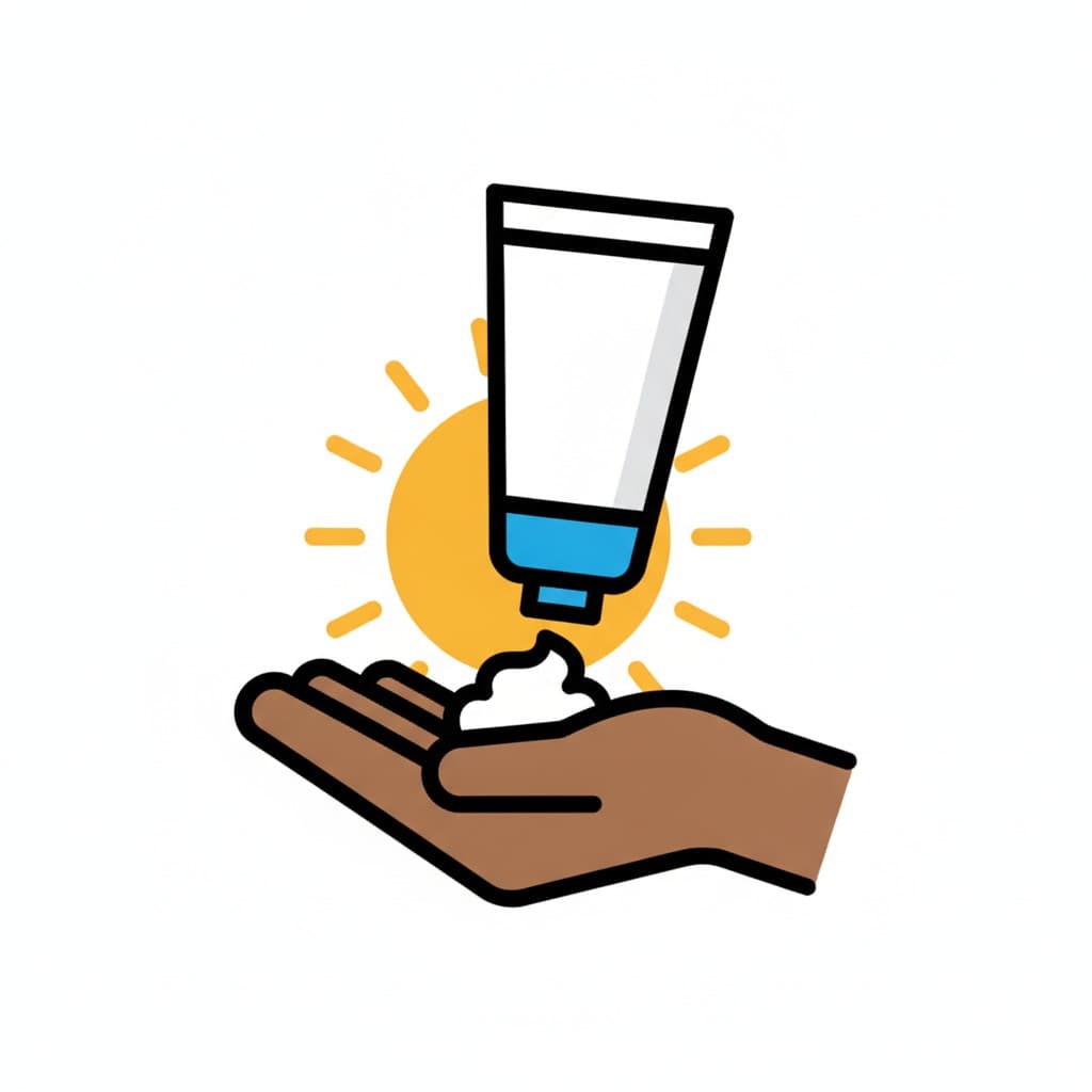 A tube squeezes a blob of white sunscreen into an open palm in front of a yellow sun.