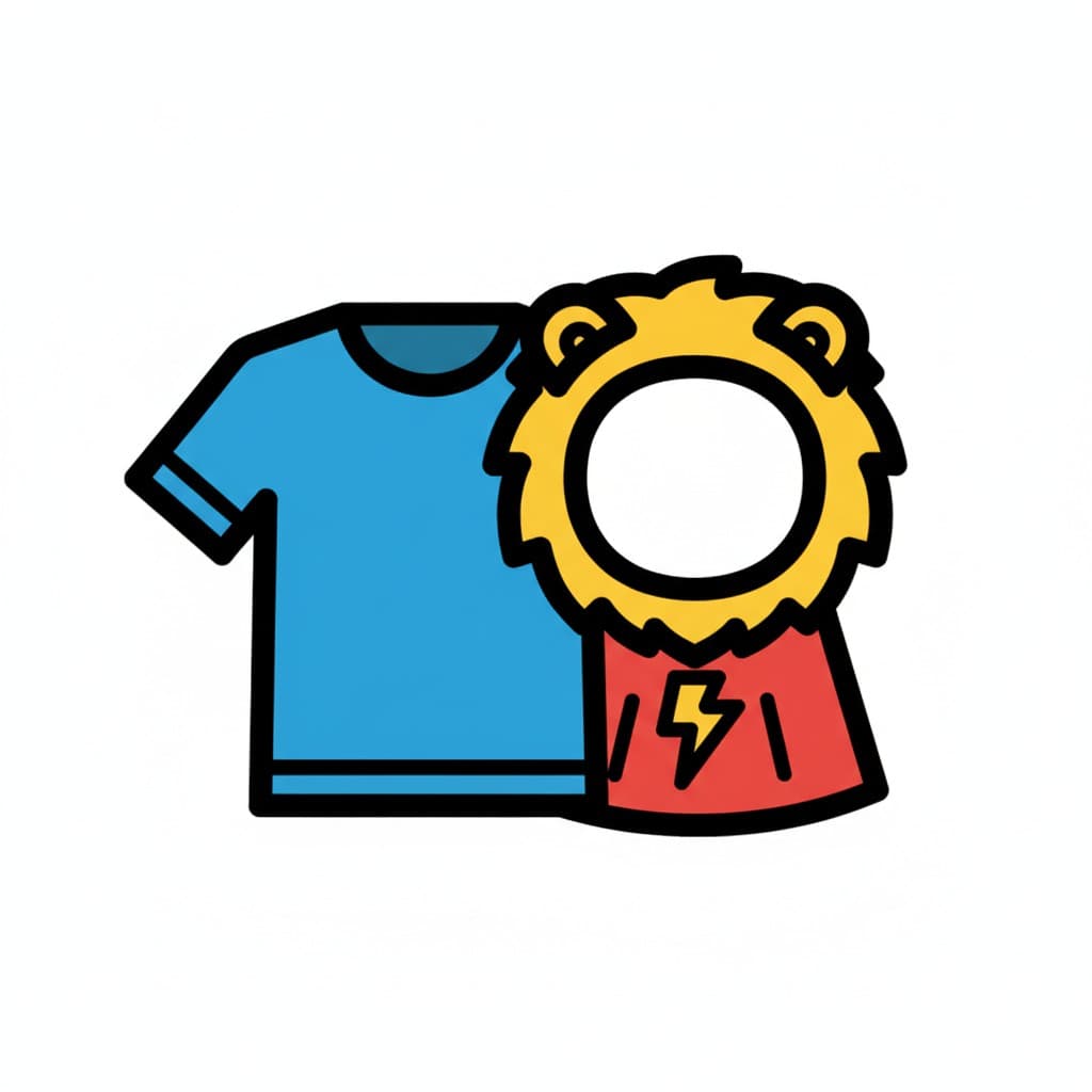 Ein blaues T-Shirt neben einem Löwenkostüm.