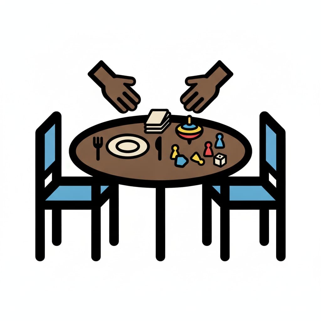 A table with a plate and small game pieces, with hands playing.