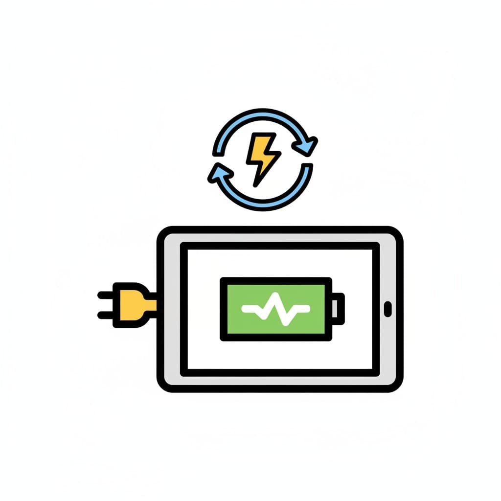 En teckning av en surfplatta med en laddare ansluten. Ovanför surfplattan syns en cirkulär pil med en blixtsymbol, som indikerar laddning eller uppdatering.