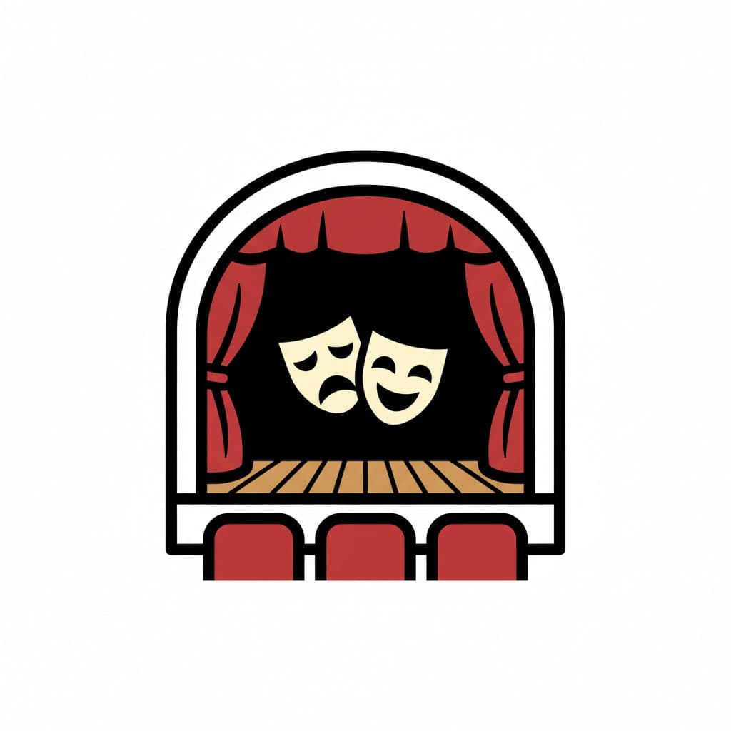 En teaterscen med röda draperier, sittplatser och de klassiska komedi- och tragedimaskerna.