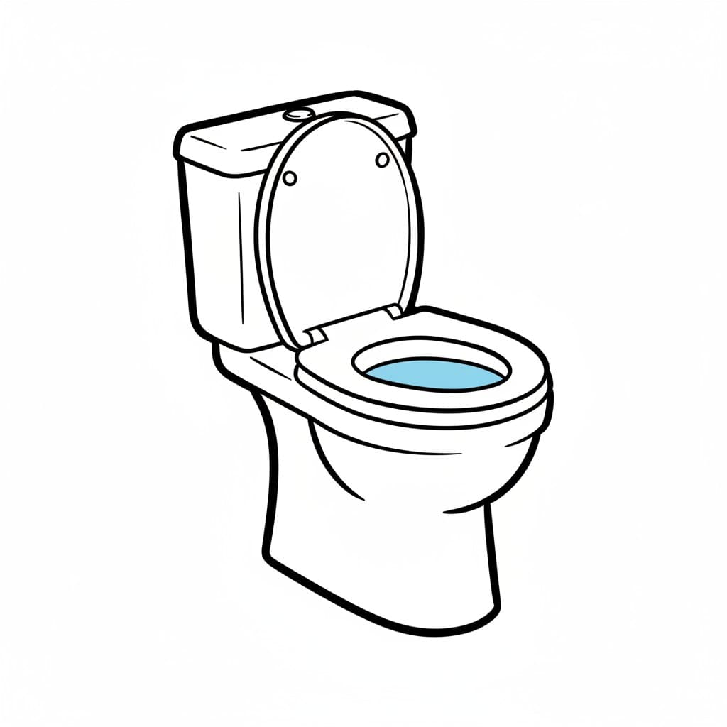 En vit toalett med locket och sitsen uppfällda, visar blått vatten i skålen.