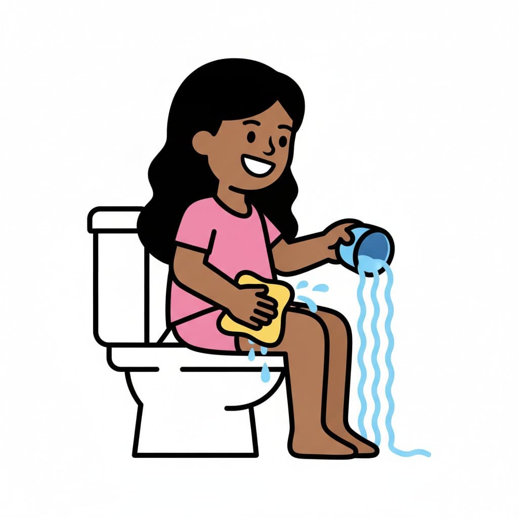Et barn sidder på toilettet med en gul svamp i den ene hånd og hælder vand fra en blå kop med den anden.