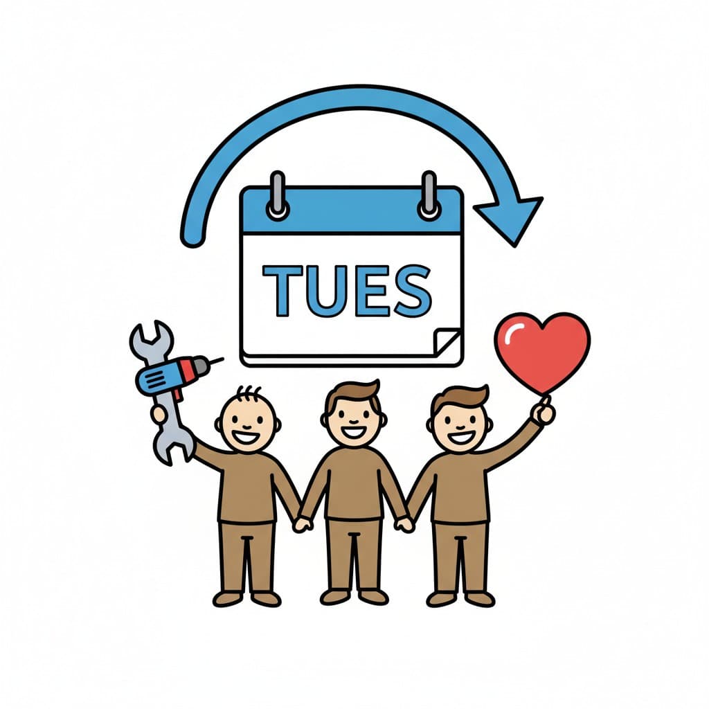Ein Kalender mit 'TUES' und einem zyklischen Pfeil über drei männlichen Figuren, die Händchen halten. Einer hält einen Schraubenschlüssel/Bohrer, ein anderer ein rotes Herz.