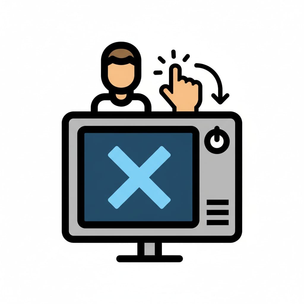 En persons hånd trykker på av/på-knappen på en TV-skjerm, som viser et stort 'X'.