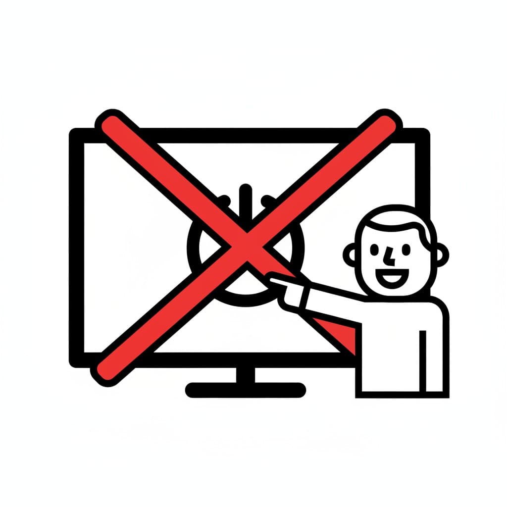 A person pointing to a television with a red cross over the screen, signifying to turn off the TV.