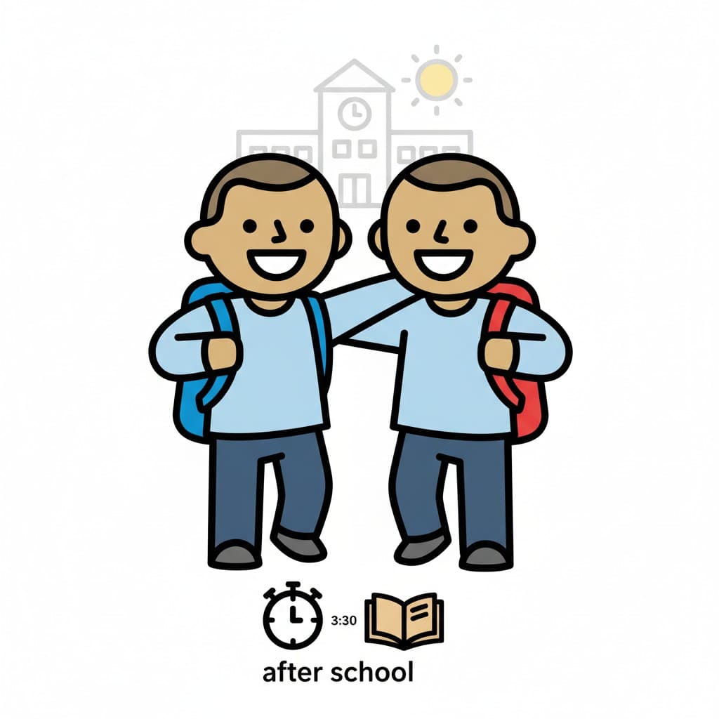 To glade drenge med rygsække og armene om hinanden foran en skolebygning, med ikoner for tid og 'efter skole'.