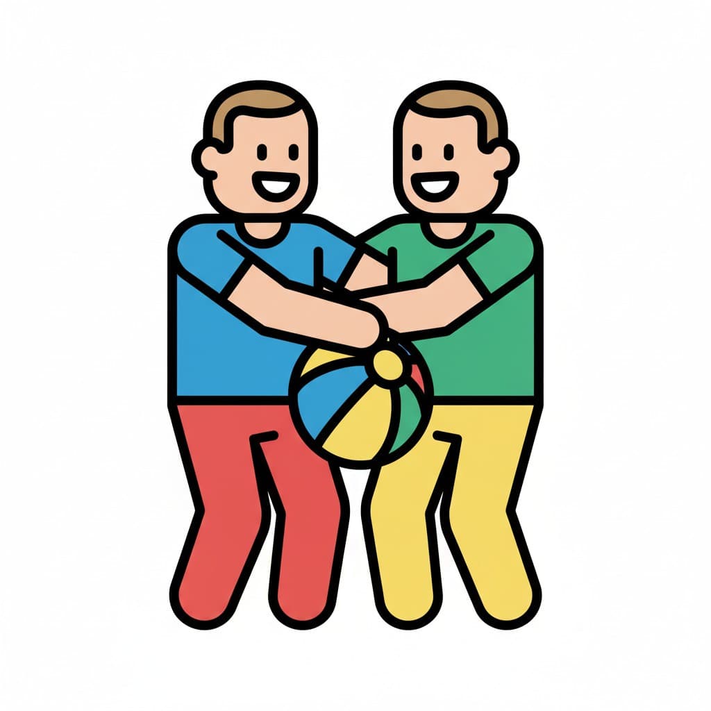 Zwei Jungen lachen und halten gemeinsam einen bunten Ball.