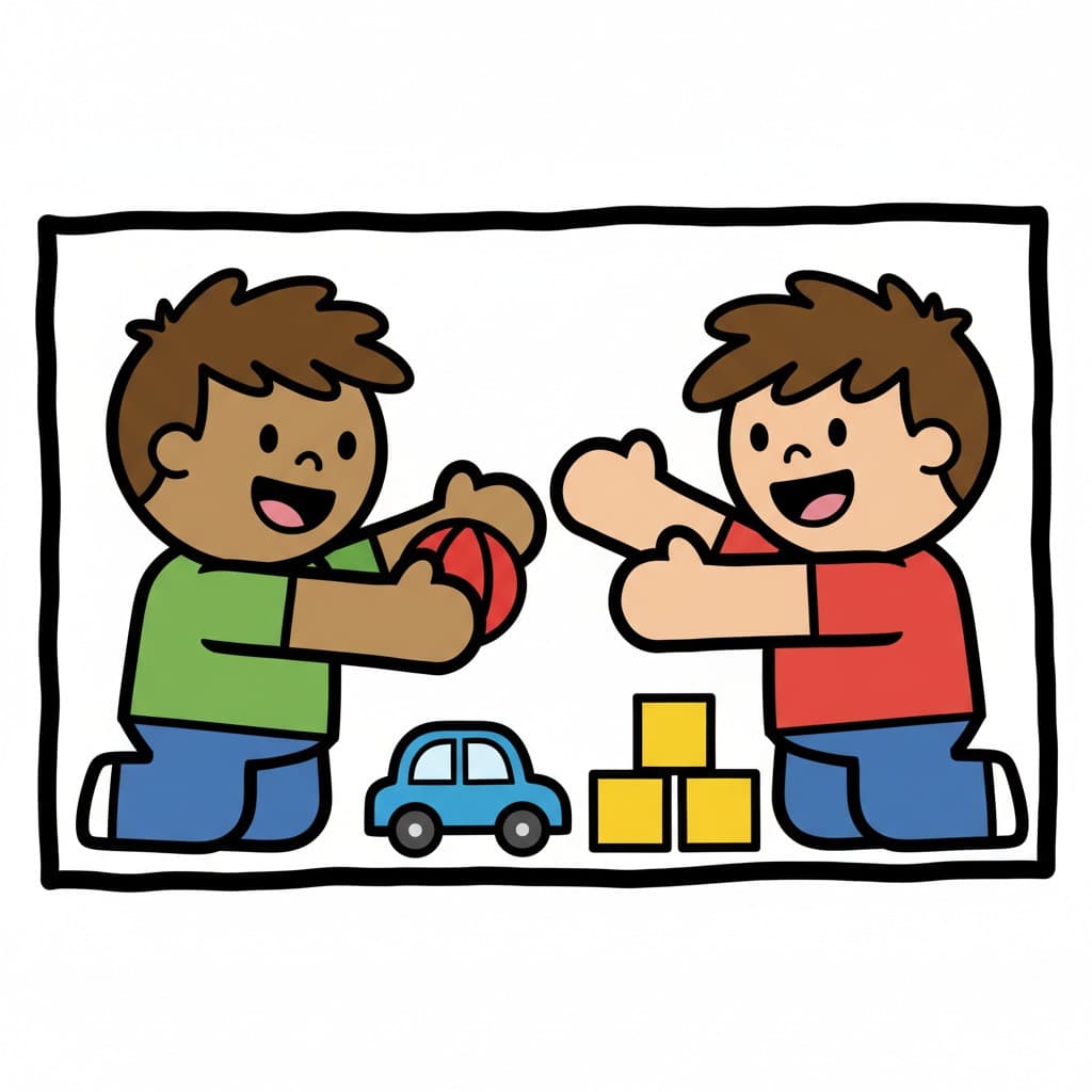 Zwei Jungen knien und spielen mit einem roten Ball, einem blauen Auto und gelben Bauklötzen.