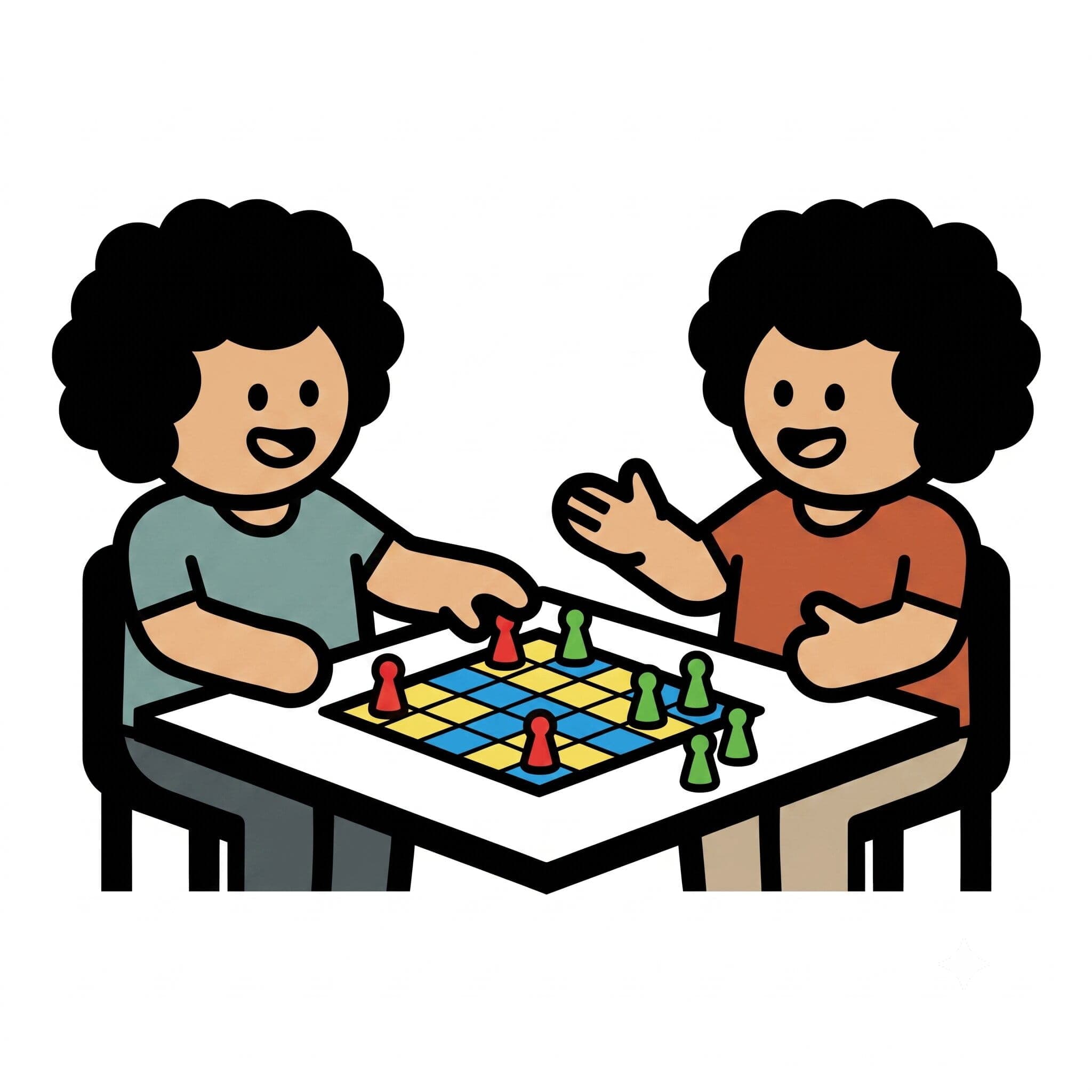 Two children sit at a table playing a board game with colorful pieces.