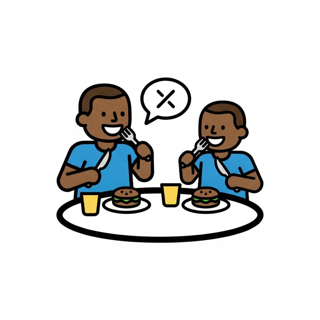 Two people eat burgers with cutlery at a table.