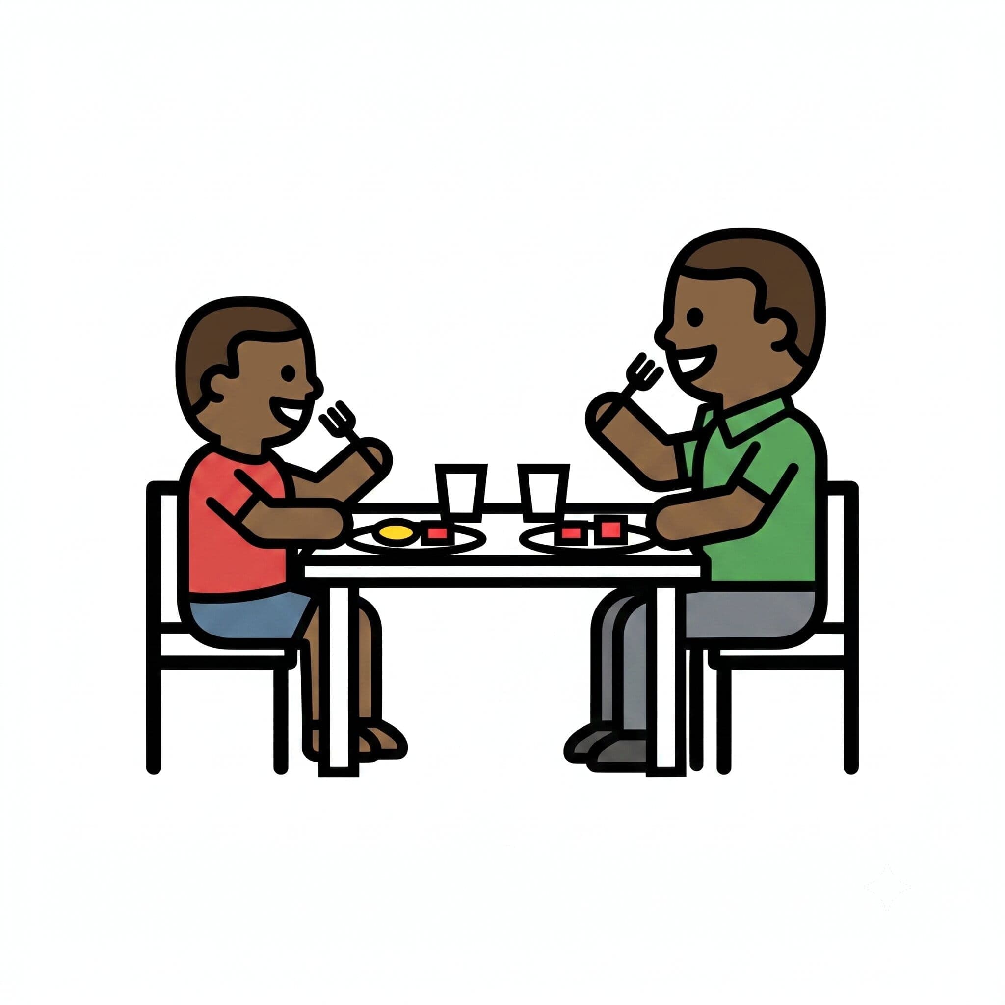 Two people sit across from each other eating lunch at a table.