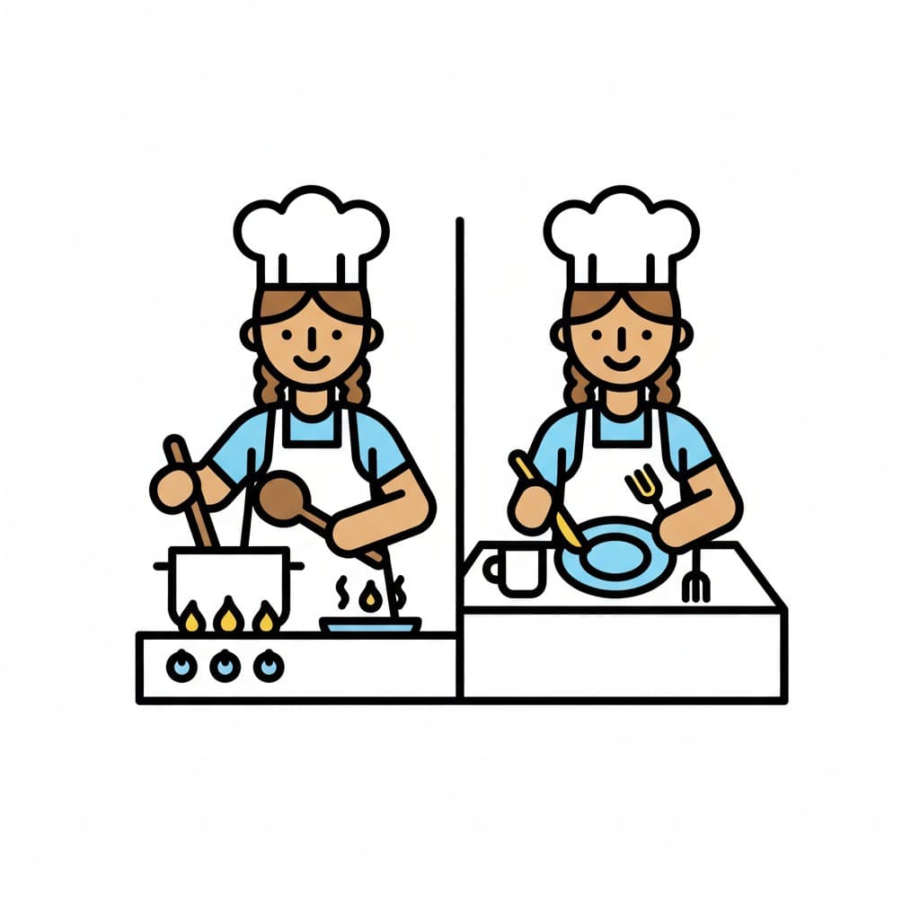 A girl in a chef's hat stirs a pot and then sets a table with a plate and cup.