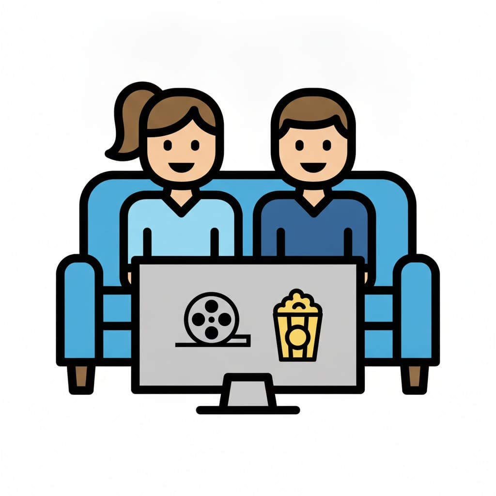 Two people sit on a couch watching a tv showing a film reel and popcorn.
