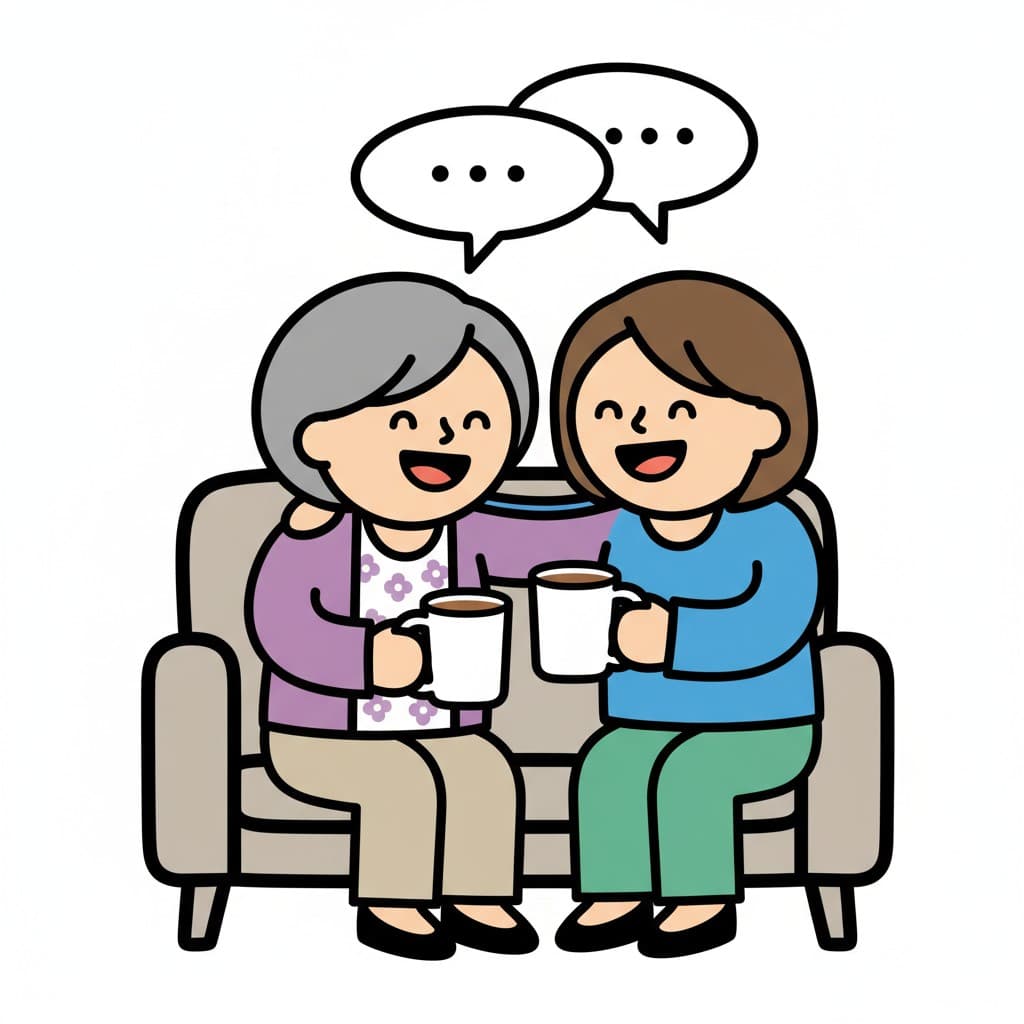 Two women sitting on a couch, holding mugs and talking. Speech bubbles are above them.