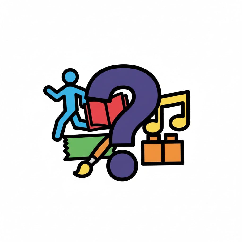 An illustration of various symbols surrounding a large question mark. The symbols include a running person, a book, music notes, a paintbrush, and a briefcase.