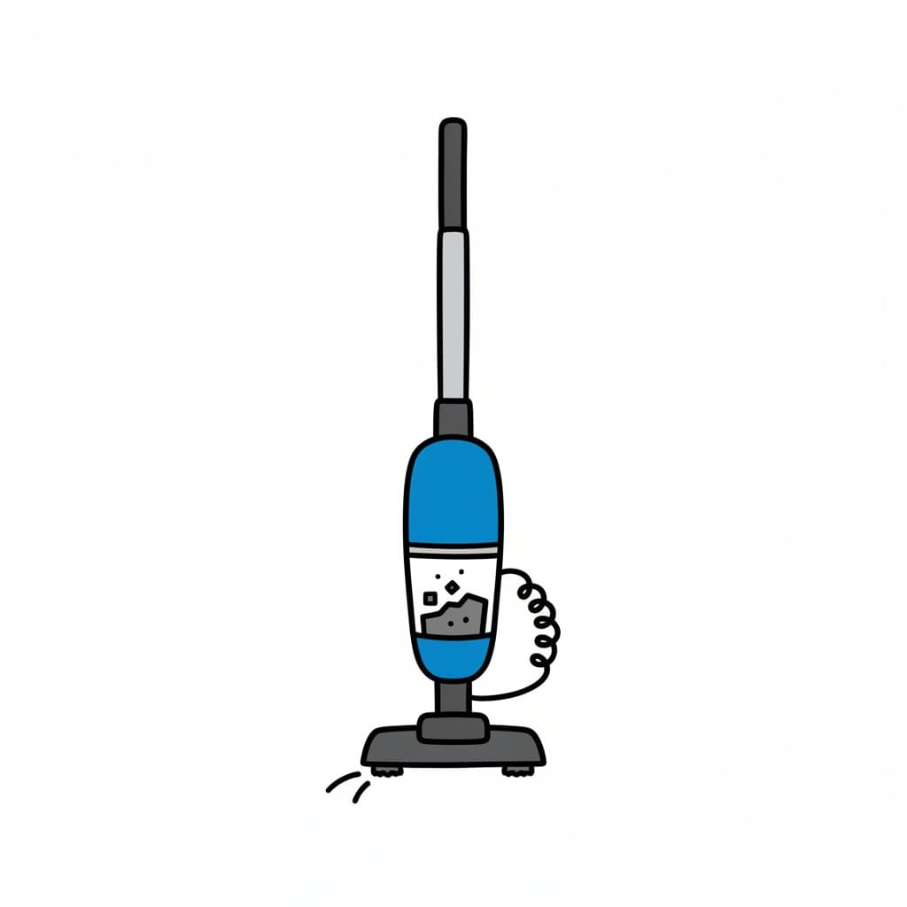 An upright vacuum cleaner, blue and grey, with a clear dirt container and a coiled power cord.