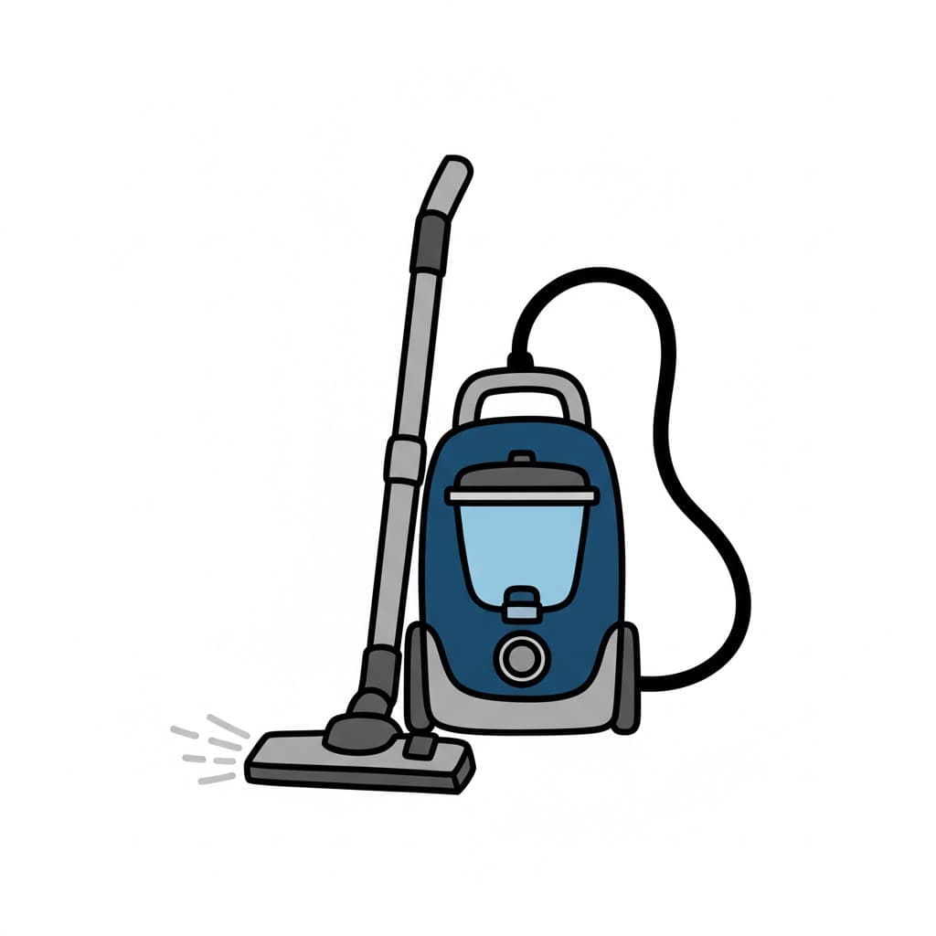 En blå och grå dammsugare med slang och rör. En sula är placerad på marken och indikerar att den används för att rengöra.