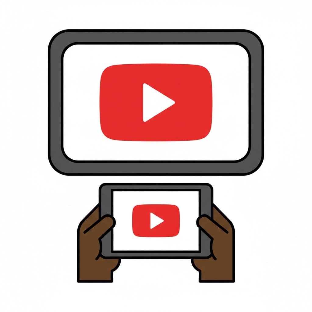 En illustration som visar händer som håller en surfplatta med YouTube-logotypen, och en större skärm ovanför som också visar YouTube-logotypen.