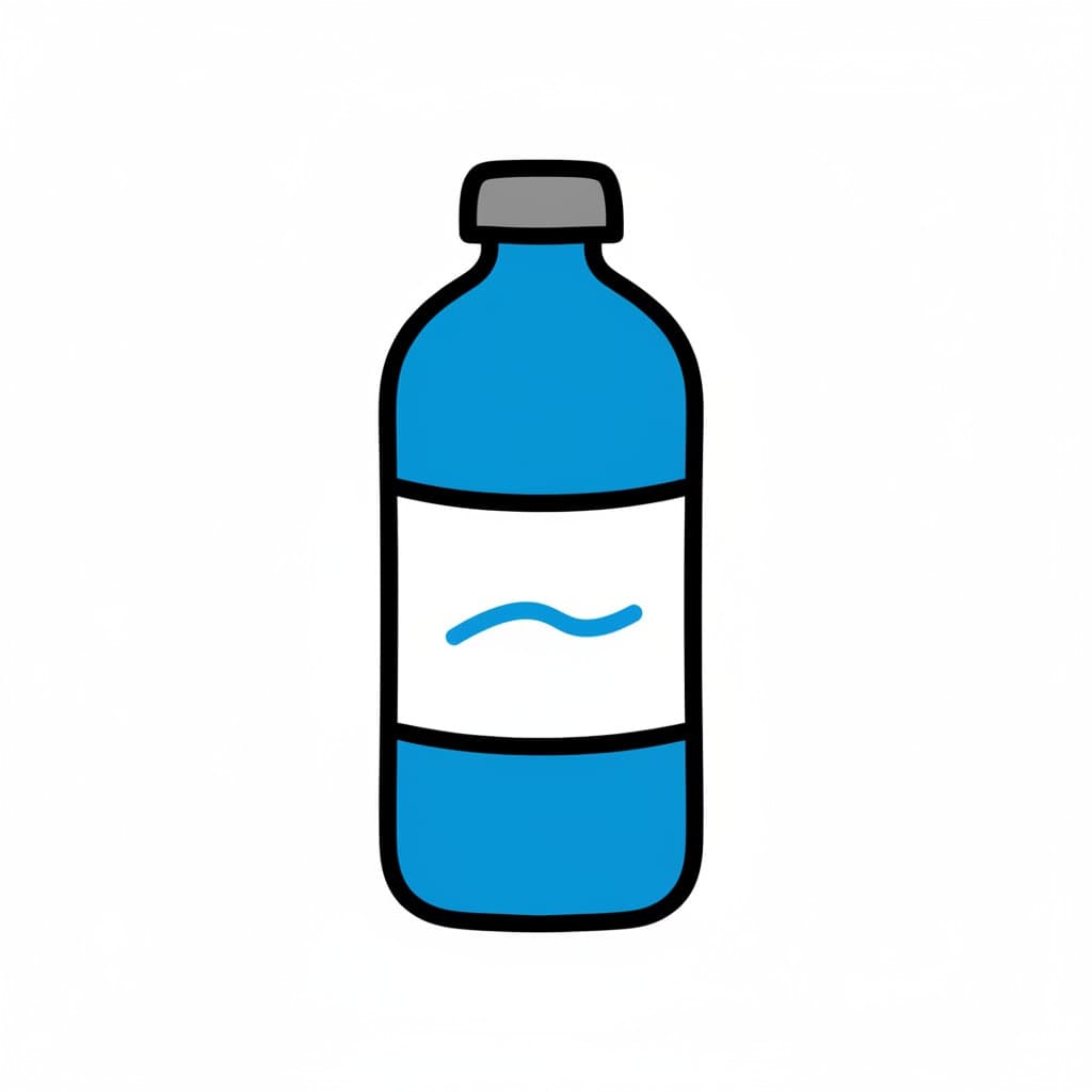 En blå vattenflaska med grå kork och en vit etikett med en blå våg.