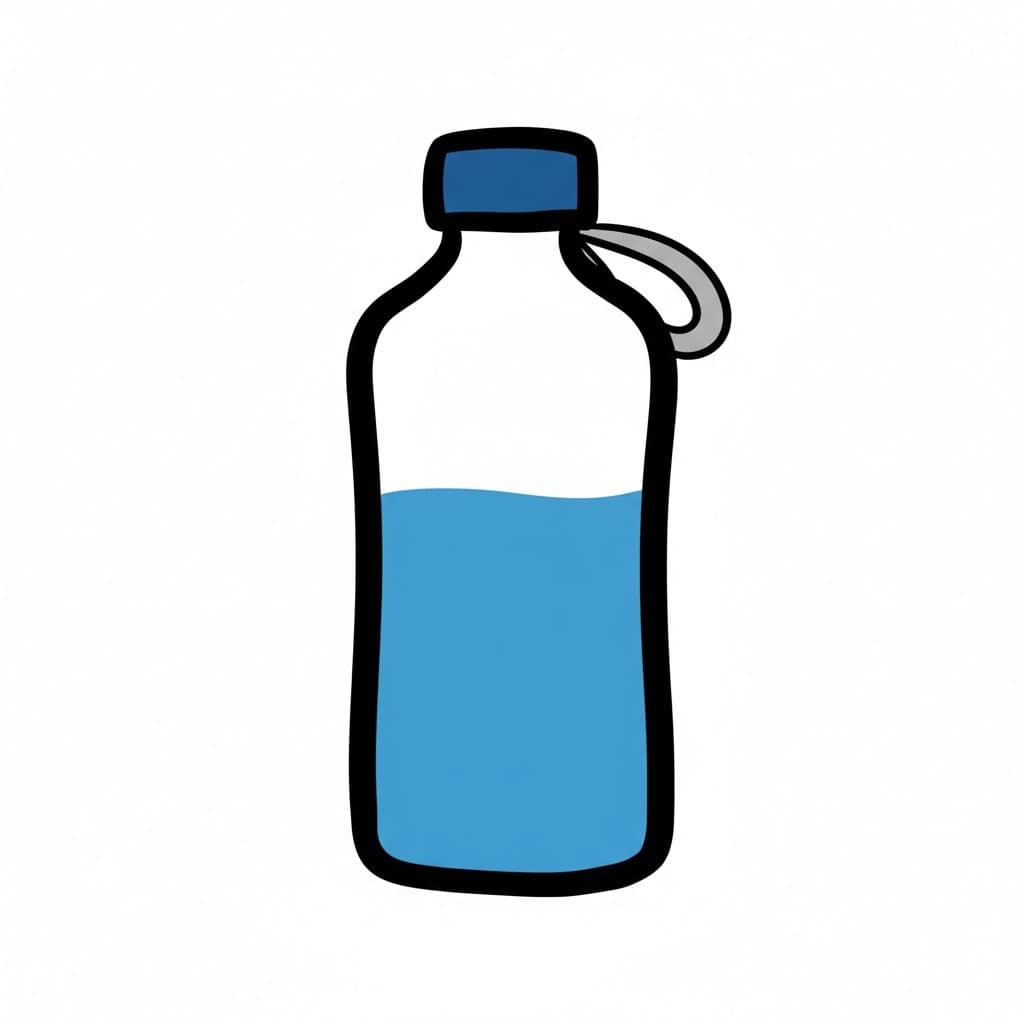 En genomskinlig vattenflaska med blå kork och bärögla, delvis fylld med blått vatten.