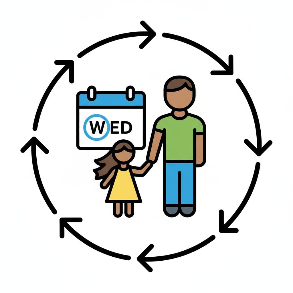 En illustrasjon som viser en jente som holder hender med en pappa ved siden av en kalender med 'WED' (onsdag) og en sirkulær pil som indikerer en rutine.