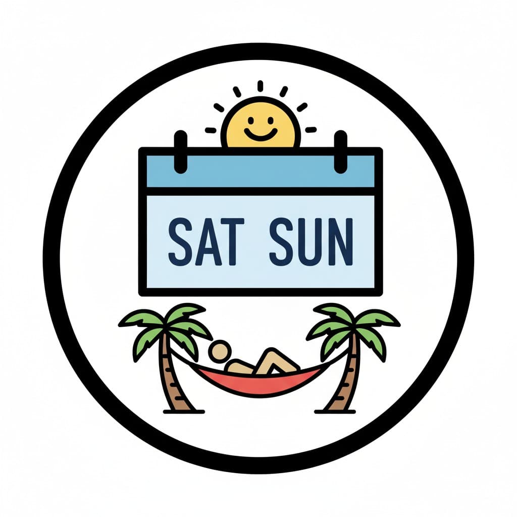 A round badge shows a calendar sign reading SAT SUN with a smiling sun above it, and below it someone lounges in a red hammock strung between two palm trees.