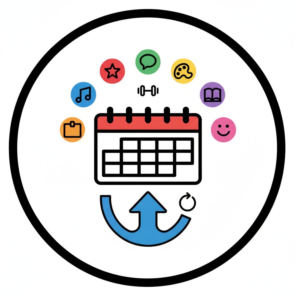 Et ikon, der viser en kalender med symboler for forskellige aktiviteter som musik, kunst, sport, skole og kommunikation. En blå pil under kalenderen indikerer gentagelse eller progression.