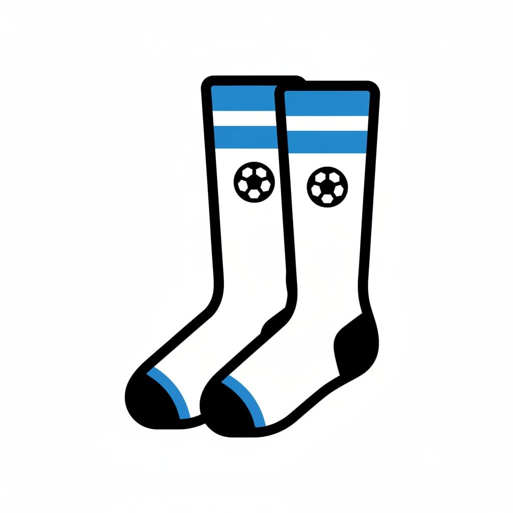 Et par hvide fodboldstrømper med blå striber og en sort fodboldlogo.