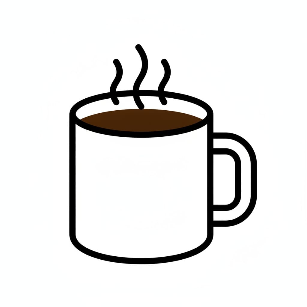A plain white mug holds dark coffee with three curls of steam rising from the surface.