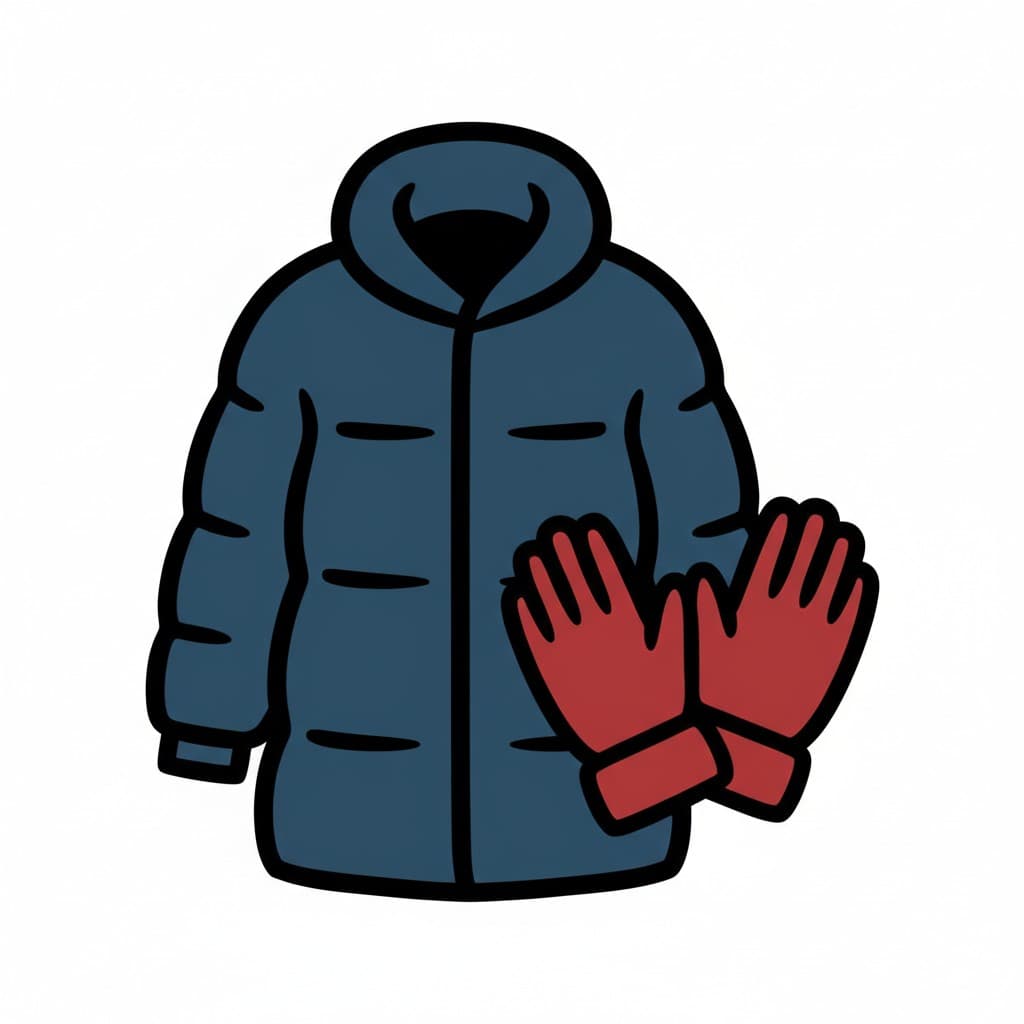 En blå vinterjacka ligger bredvid ett par röda vantar.