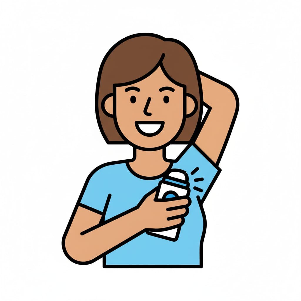 A cartoon woman with short brown hair applies deodorant under her arm, smiling.