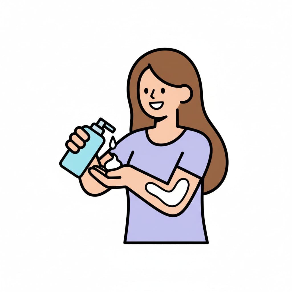 Eine Person pumpt Lotion aus einer Flasche auf die Hand und cremt damit den Arm ein.
