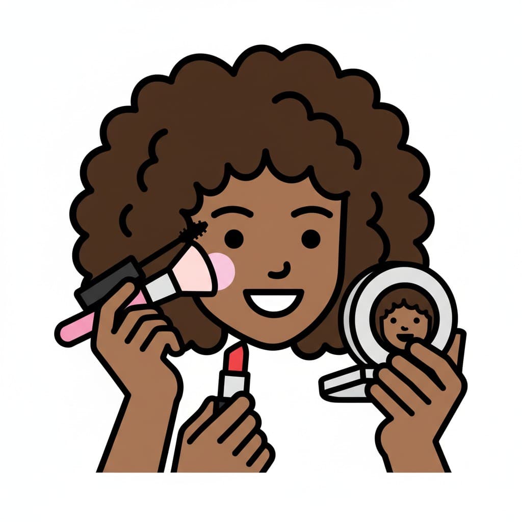 Kuva naisesta, joka meikkaa harjalla, ripsivärillä ja huulipunalla ja katsoo peiliin.