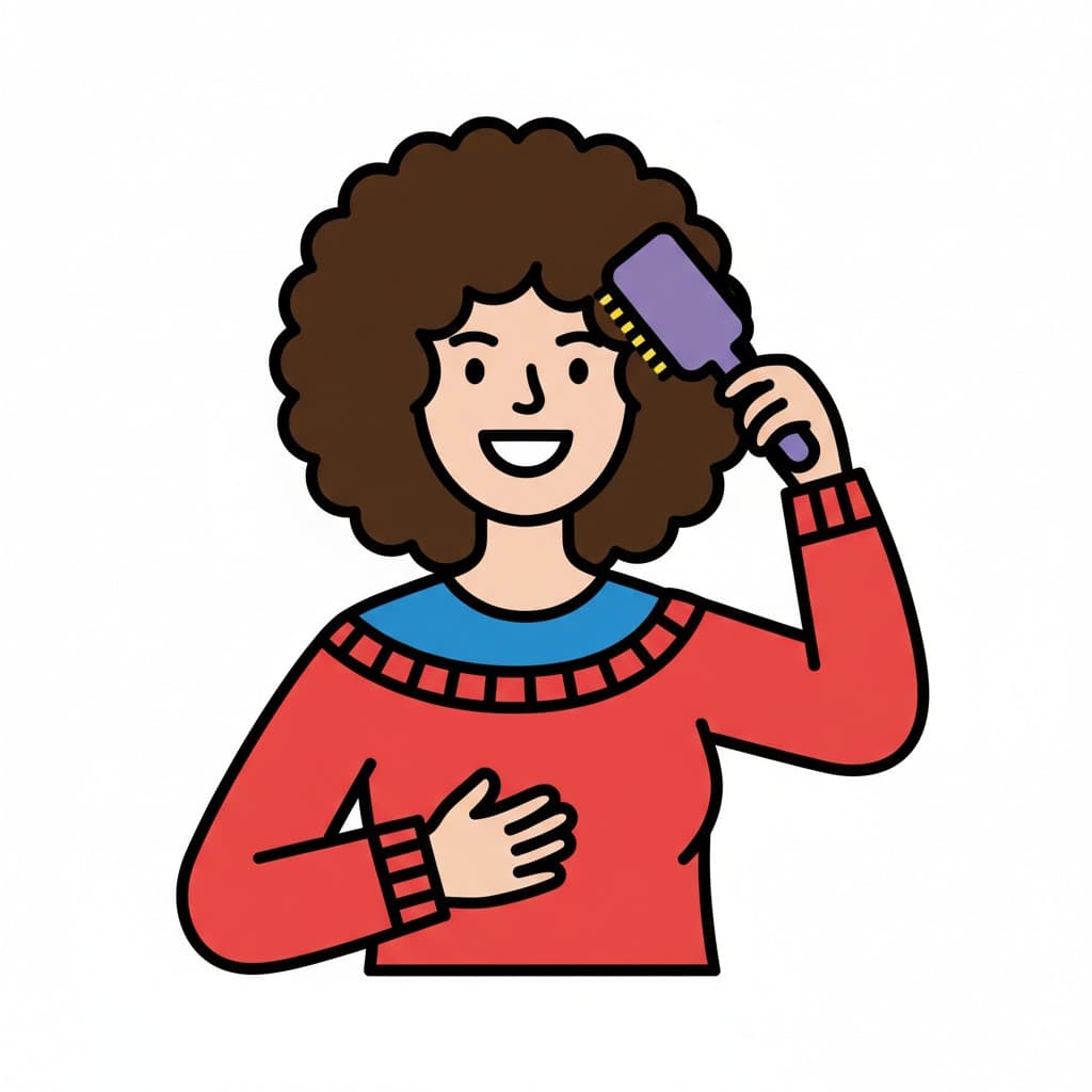 A person brushes their curly hair with a purple hairbrush.