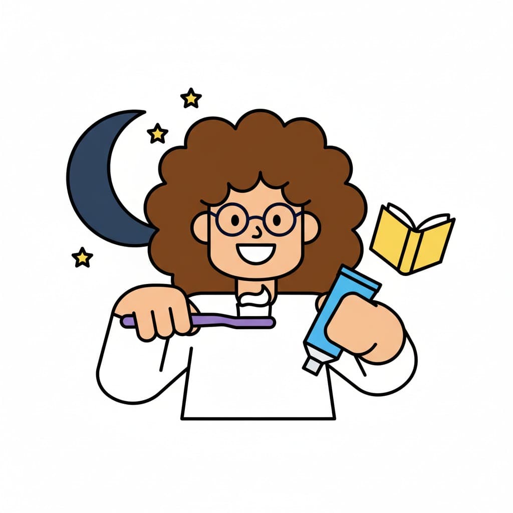 A smiling person with curly hair and glasses brushes their teeth. A moon and stars are in the background, along with a book, indicating an evening routine.