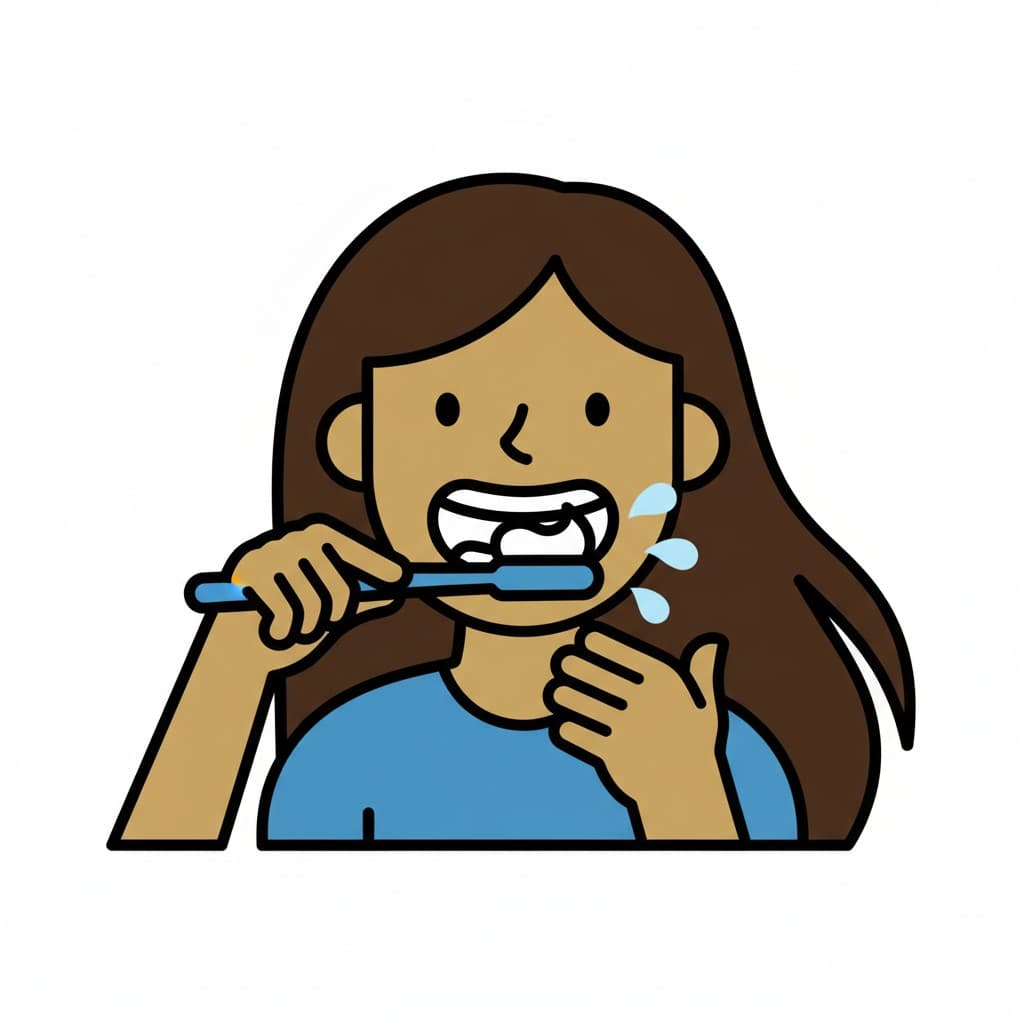 A woman is brushing her teeth, with liquid dripping from her mouth.