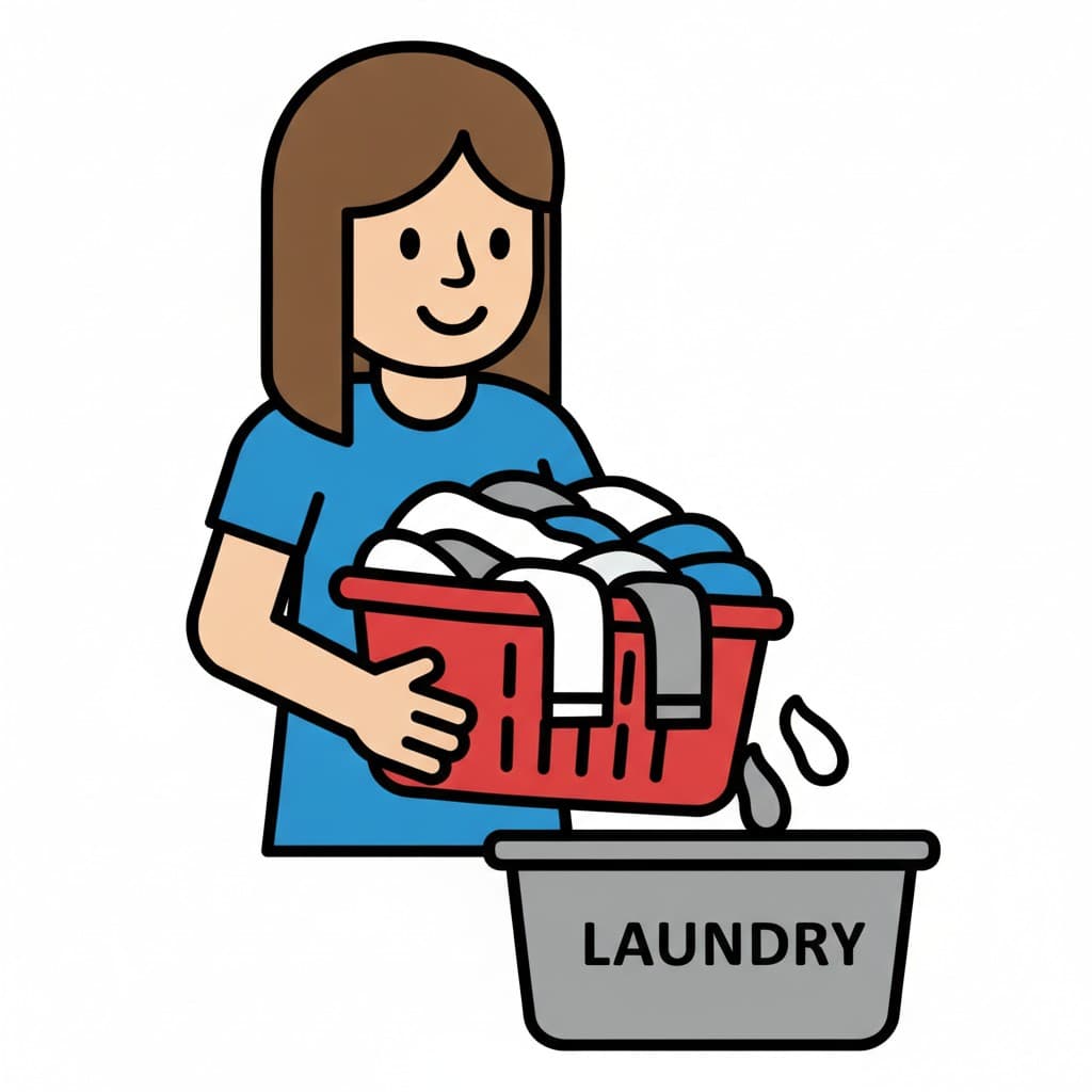En kvinde i blå t-shirt bærer en rød kurv med sammenlagte håndklæder og hælder dem ned i en grå beholder mærket LAUNDRY.