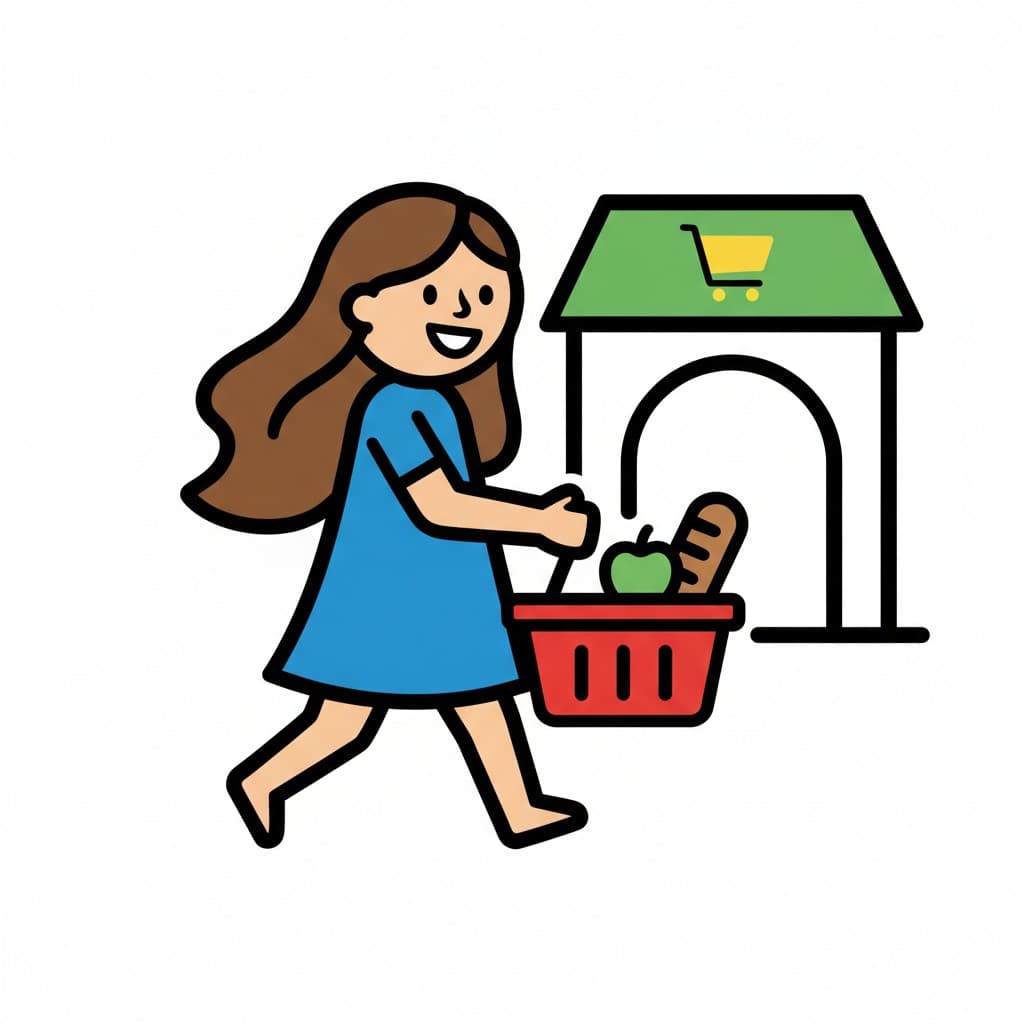 En person går smilende mod en butiksindgang og bærer en rød indkøbskurv fyldt med et æble og brød.