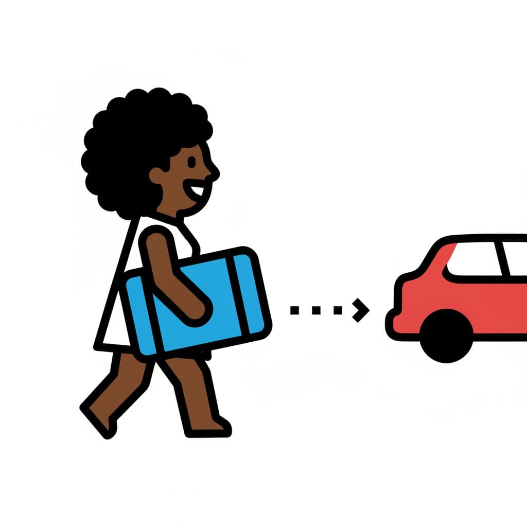 En person bærer en blå gjenstand mot en rød bil.