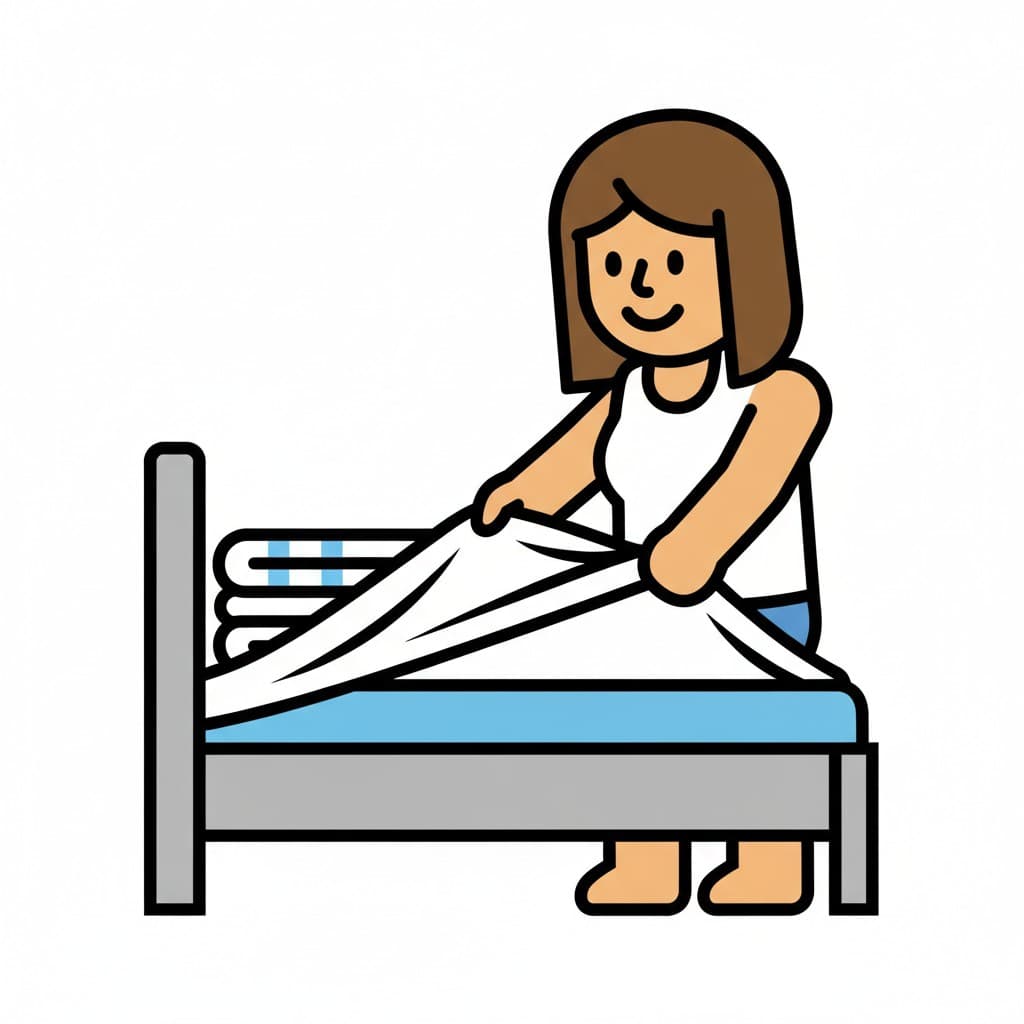 Eine Person, die Bettlaken auf einem Bett wechselt.